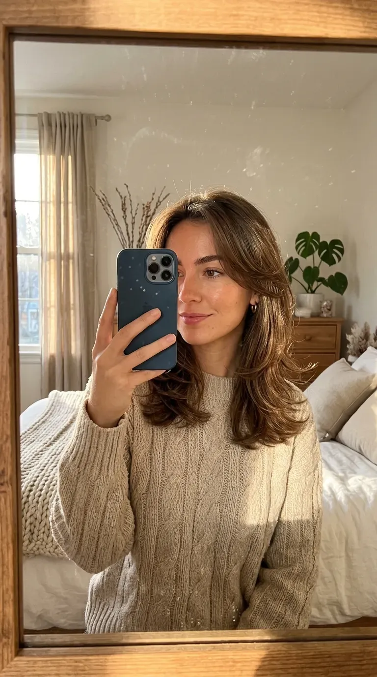 11 Winter Hairstyles for Women That Look Cozy, Chic, and Stylish 4 Woman taking an iPhone mirror selfie showing layered shoulder-length hair with soft winter styling.
