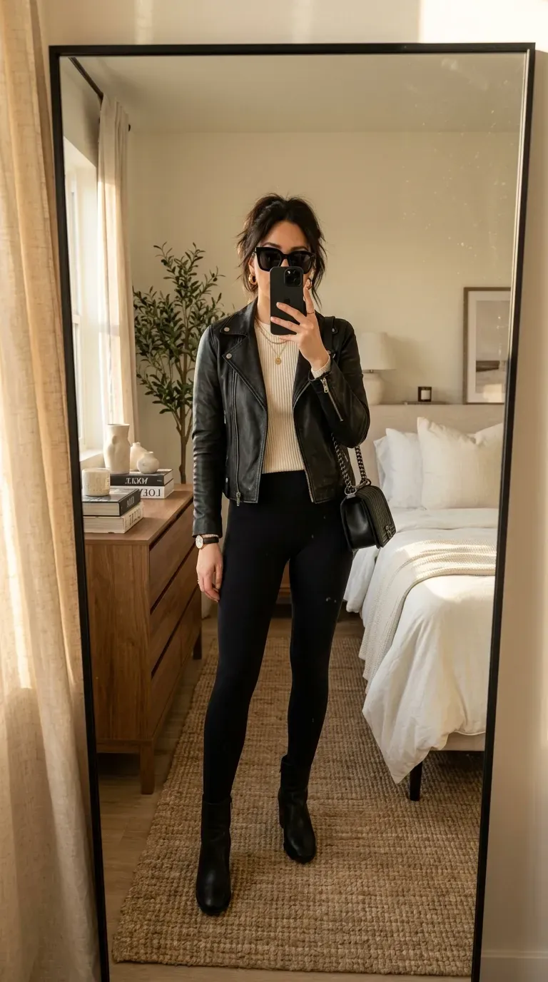 Woman wearing a leather jacket with black leggings for a sleek everyday outfit.