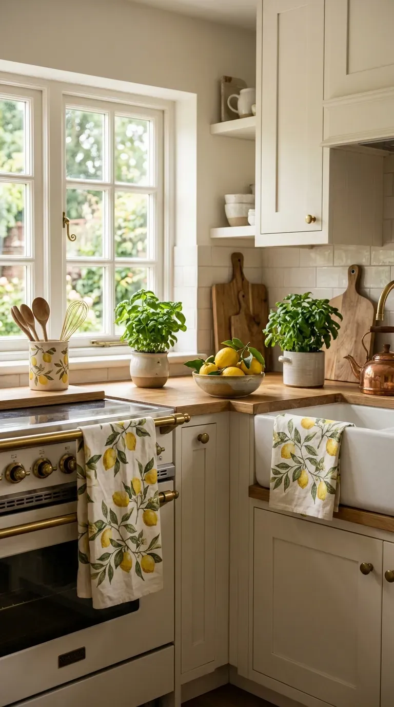 Charming kitchen gallery wall featuring lemon botanical prints and yellow artwork.
