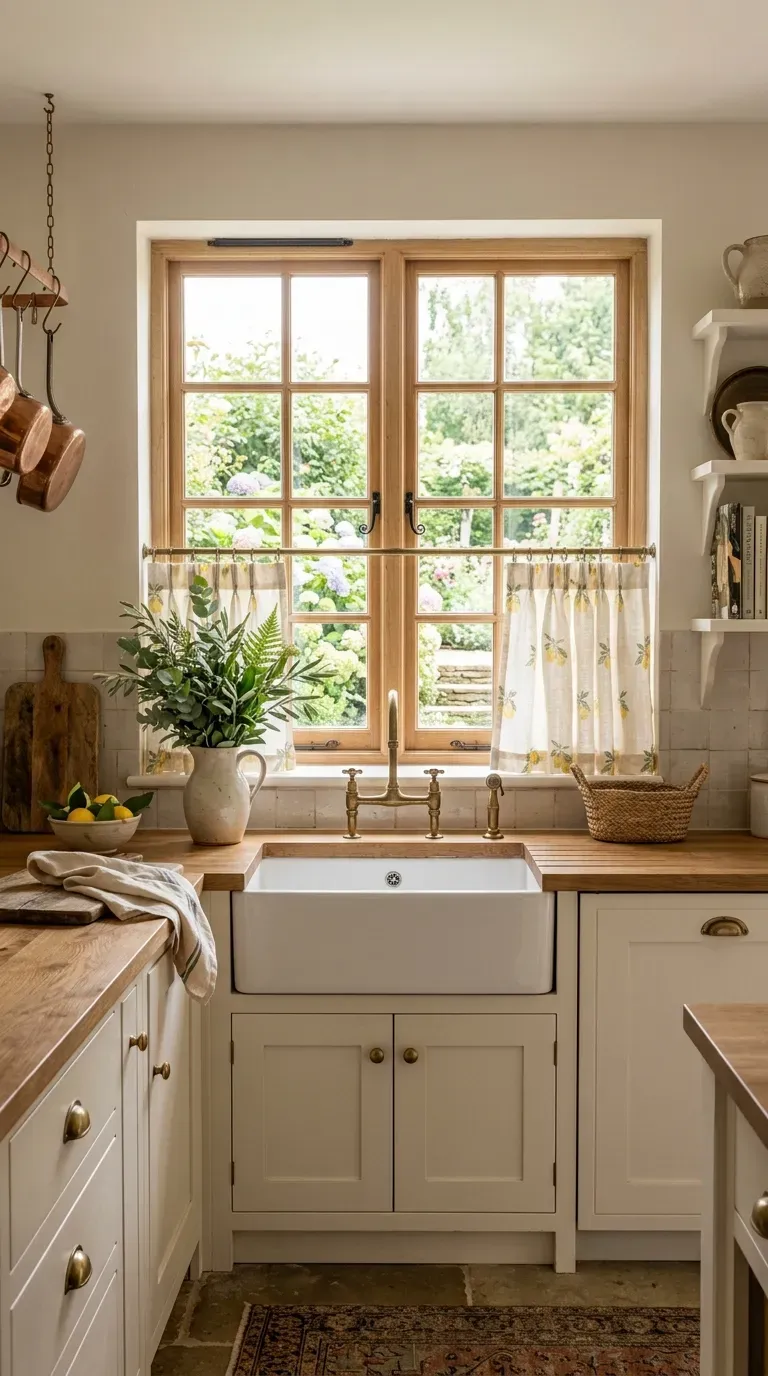 Open kitchen shelves styled with lemons yellow ceramics white dishes and greenery.