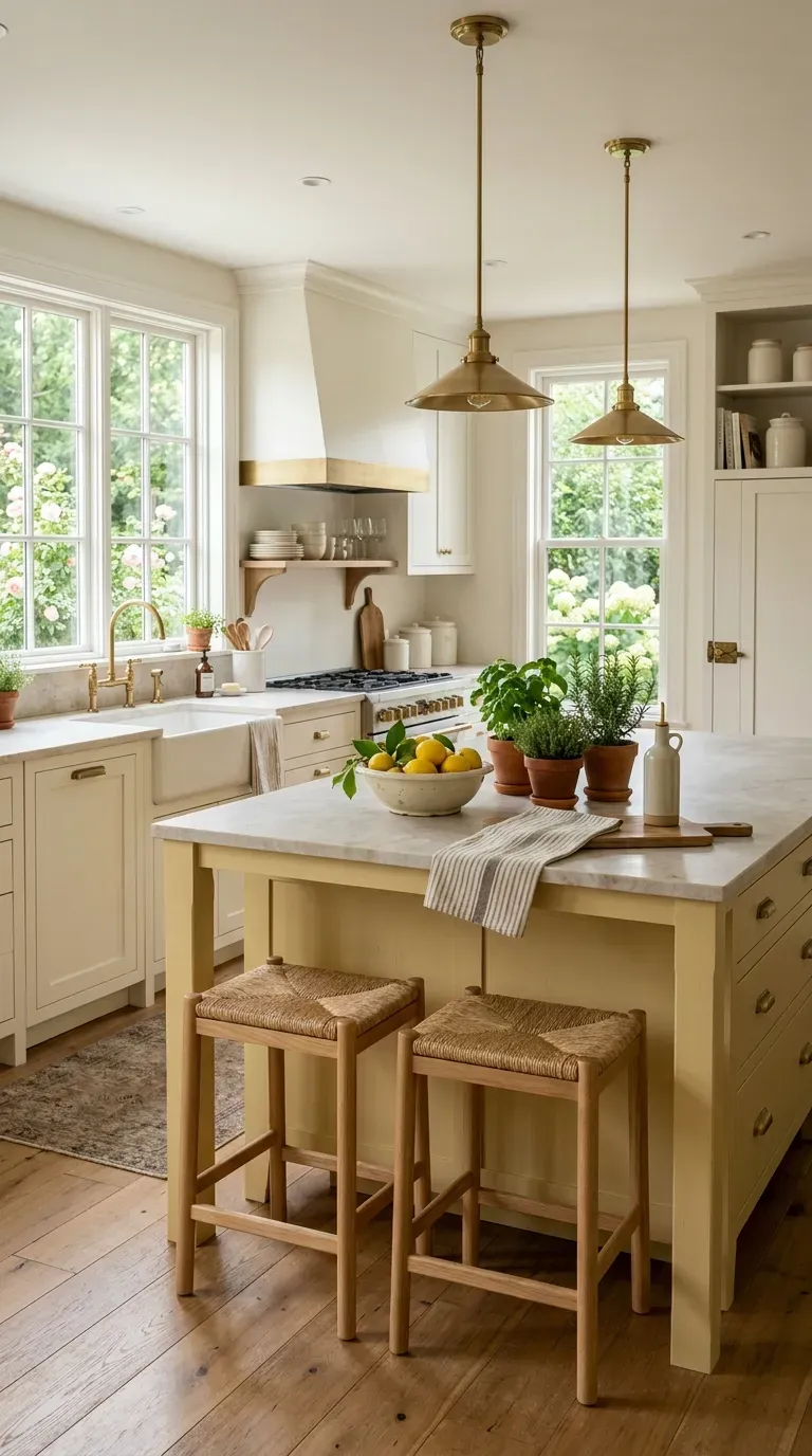 Cozy cottage kitchen with lemon patterned curtains and bright natural yellow accents.