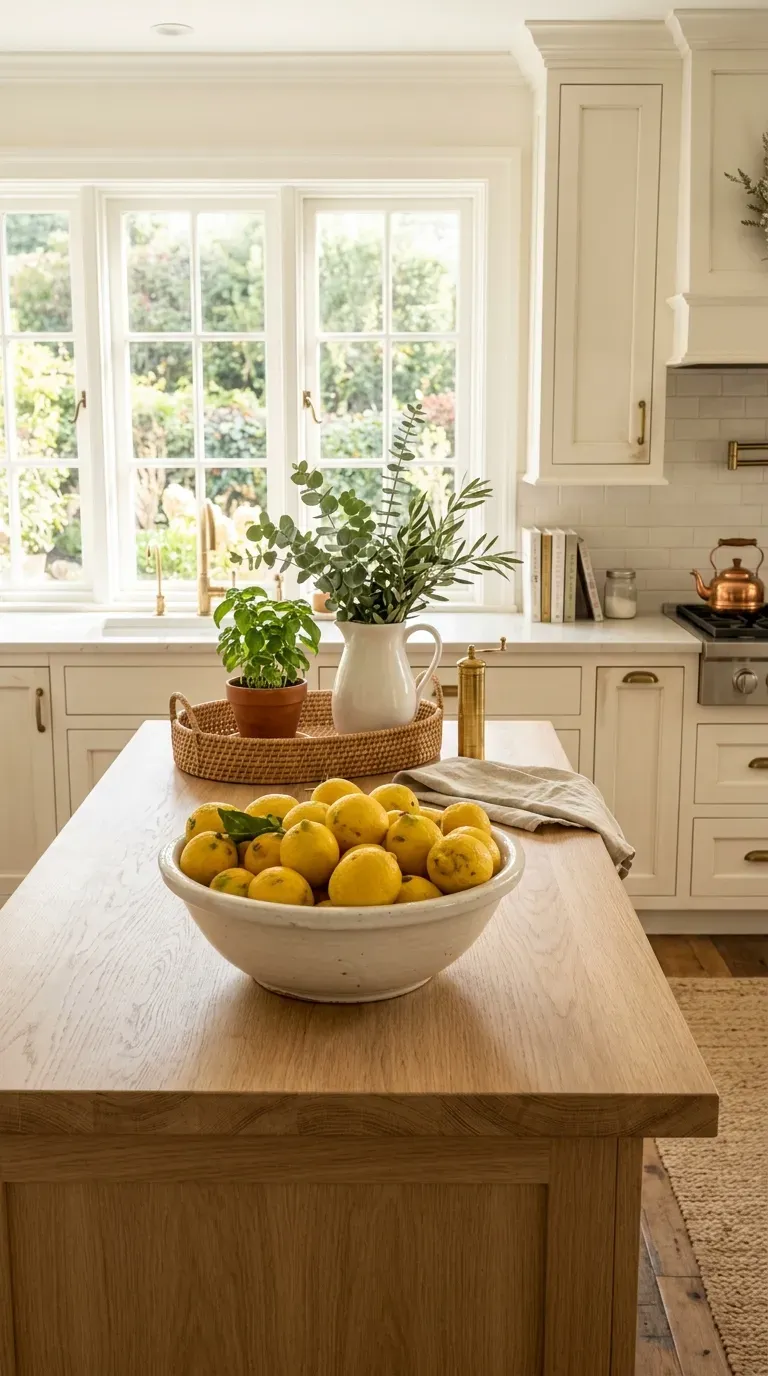 White kitchen decorated with yellow lemon print towels and subtle lemon accessories.