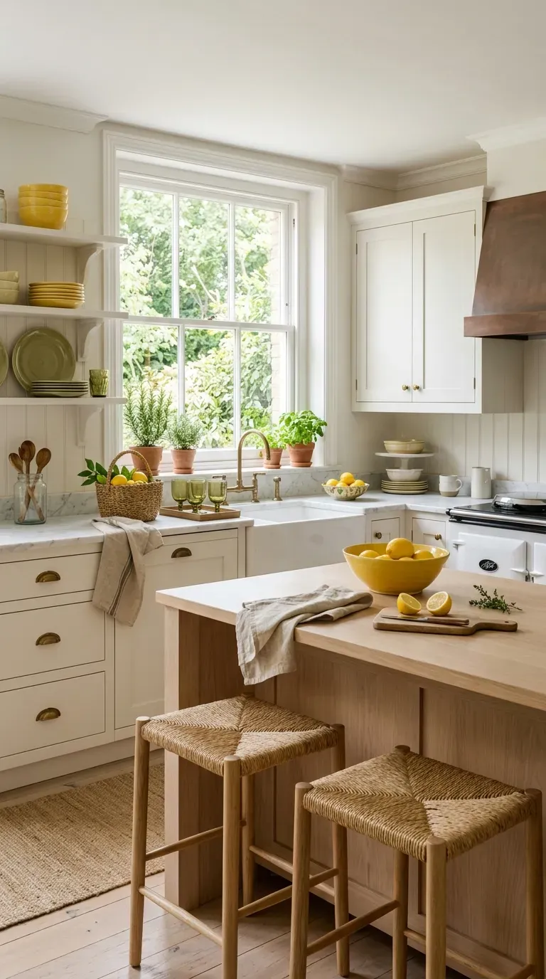 Beautiful kitchen table styled with lemon patterned plates yellow ceramics and fresh citrus.