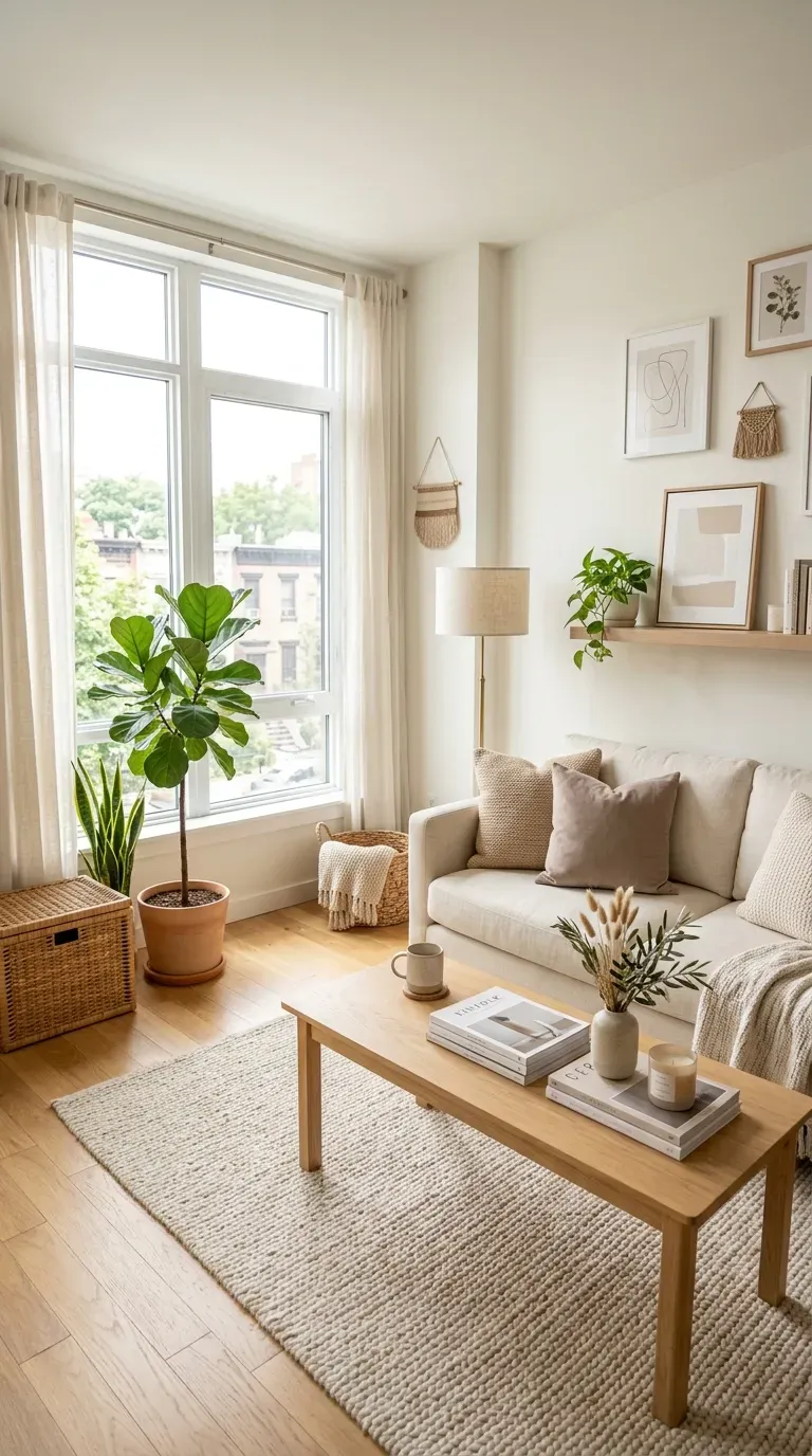Small apartment living room decorated with light neutral colors and natural textures.