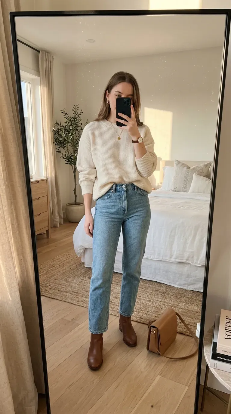Woman wearing light blue jeans with beige blazer for elevated casual style.