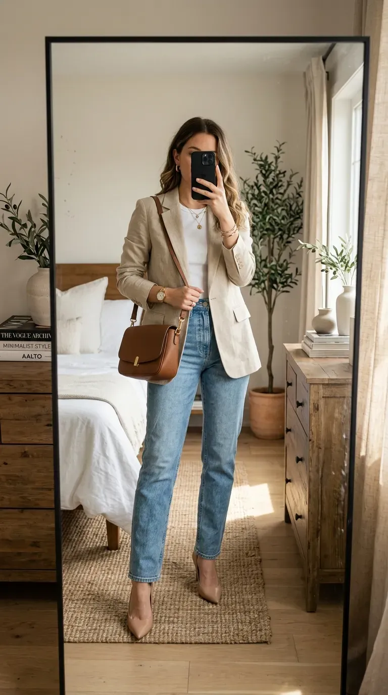 Woman wearing light blue jeans with black leather jacket for edgy chic style.