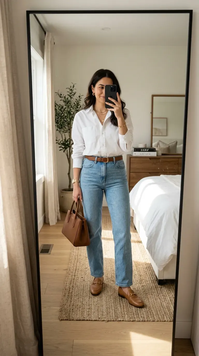 Woman wearing light blue jeans with black fitted top for chic modern contrast.