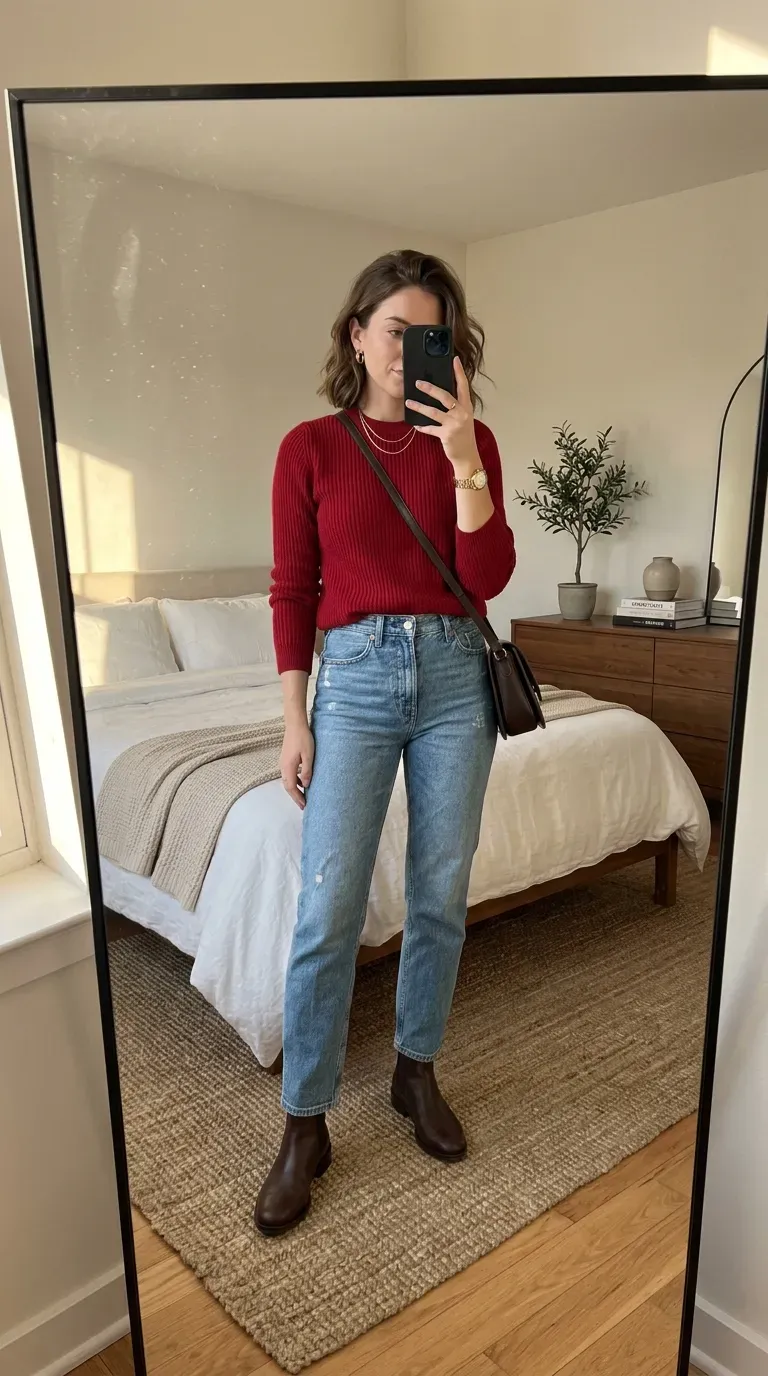 Woman wearing light blue jeans with camel coat for elegant sophisticated casual style.