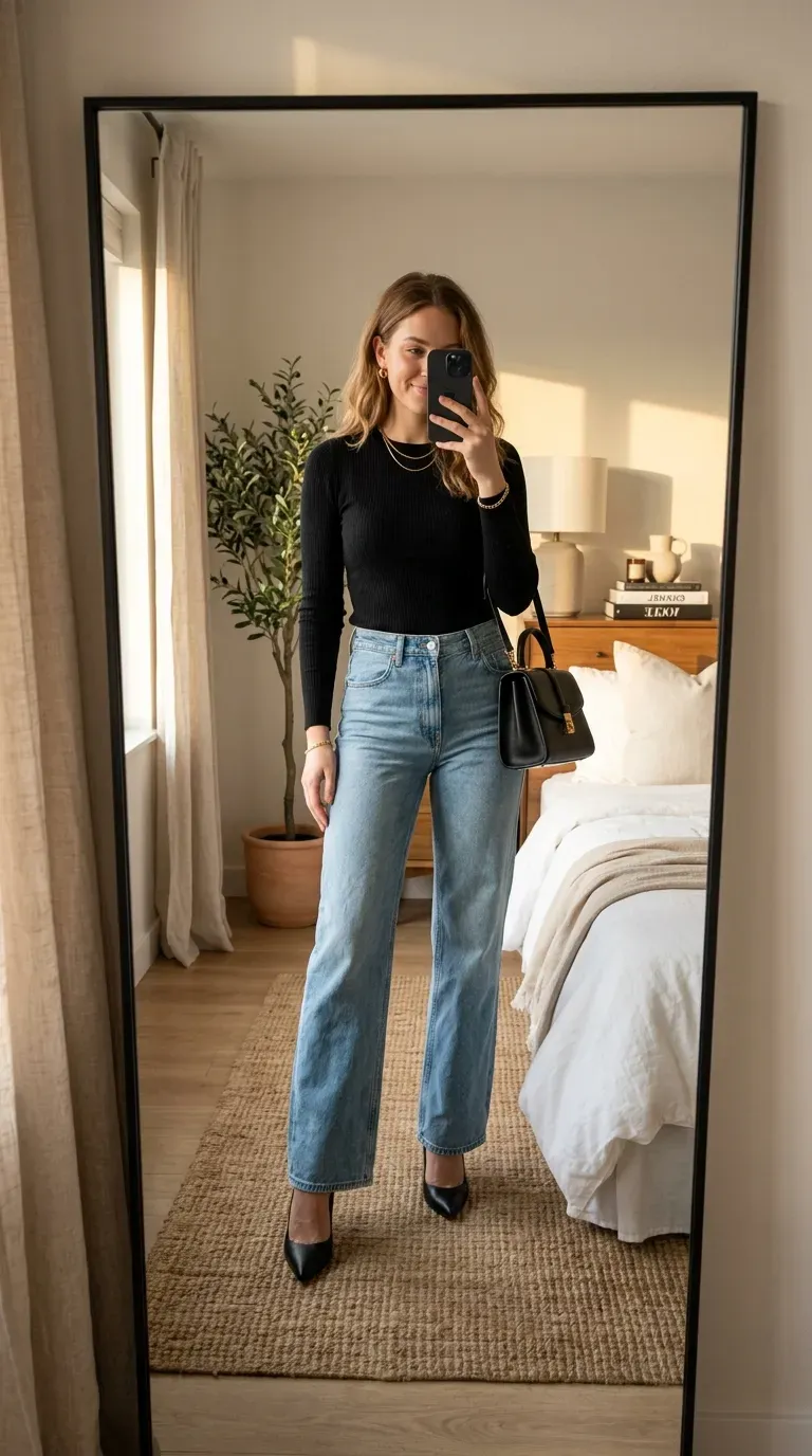 Woman wearing light blue jeans with cream sweater for cozy chic everyday style.