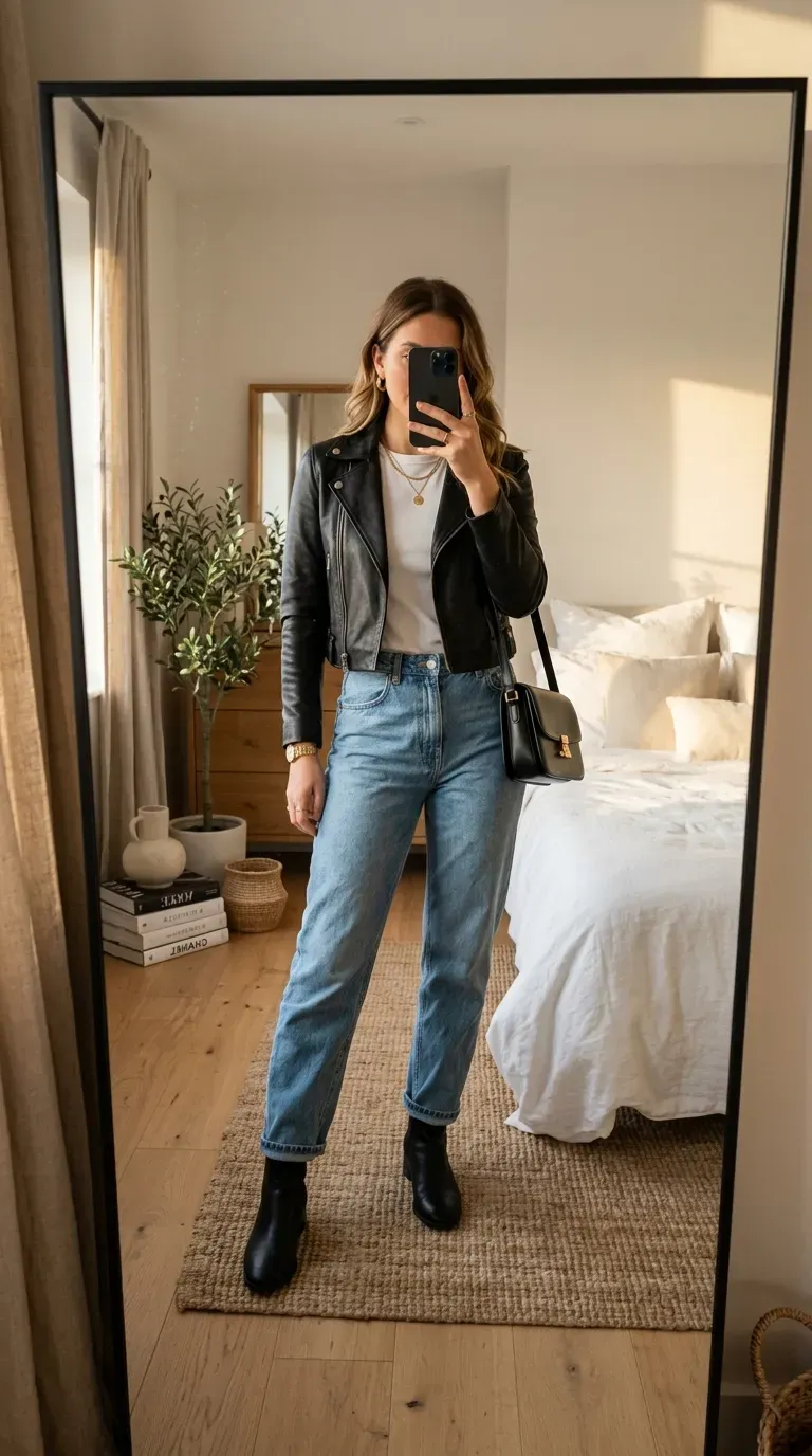 Woman wearing light blue jeans with navy sweater for classic polished casual style.
