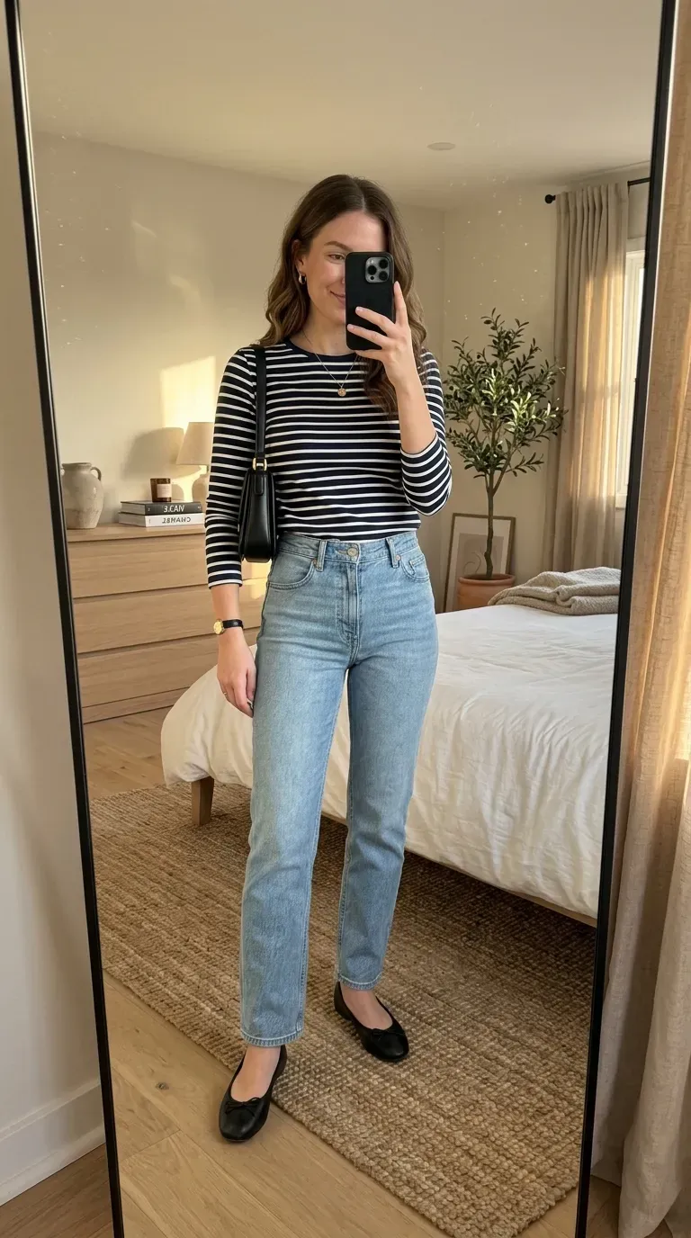 Woman wearing light blue jeans with olive blazer for modern elevated casual style.