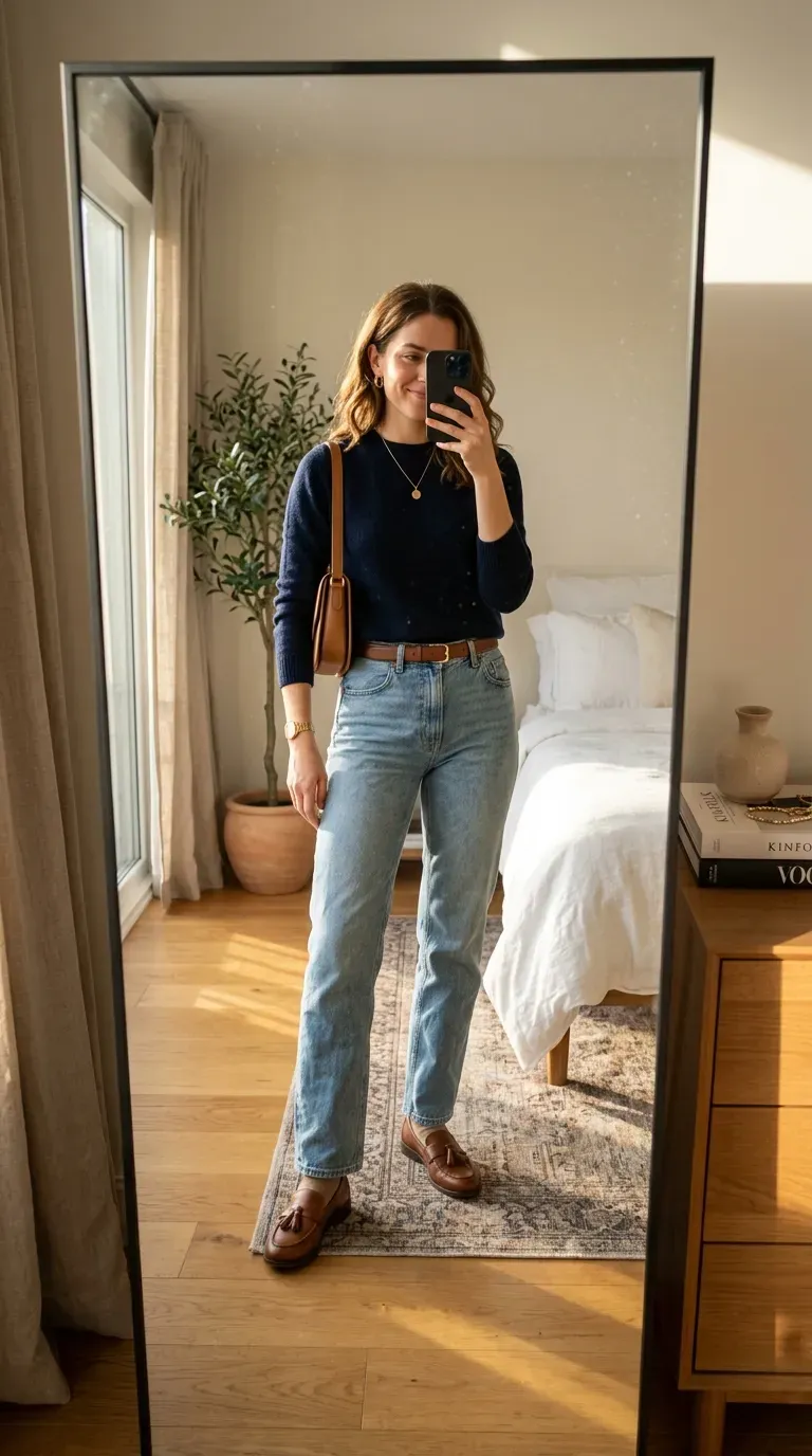 Woman wearing light blue jeans with blush pink top for feminine casual style.