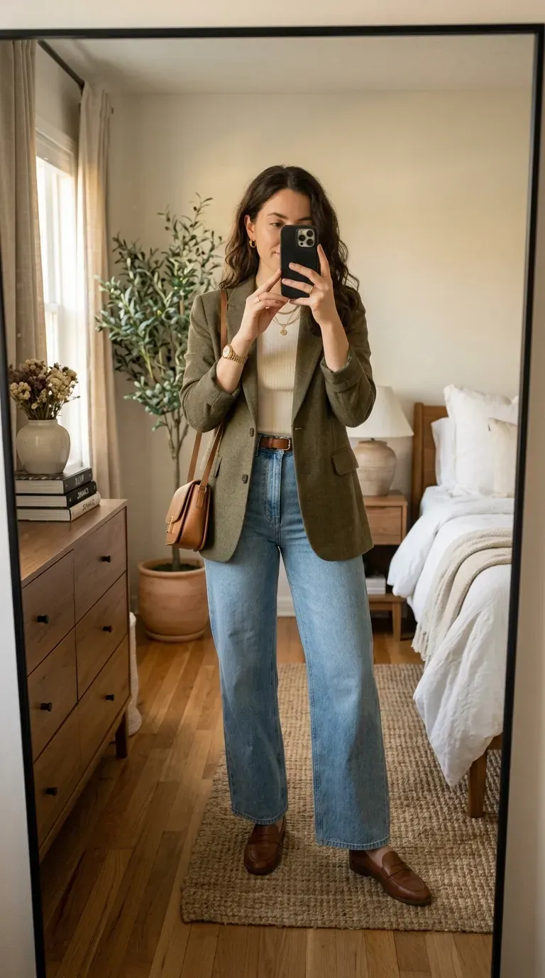 Woman wearing light blue jeans with red sweater for bold stylish casual outfit.