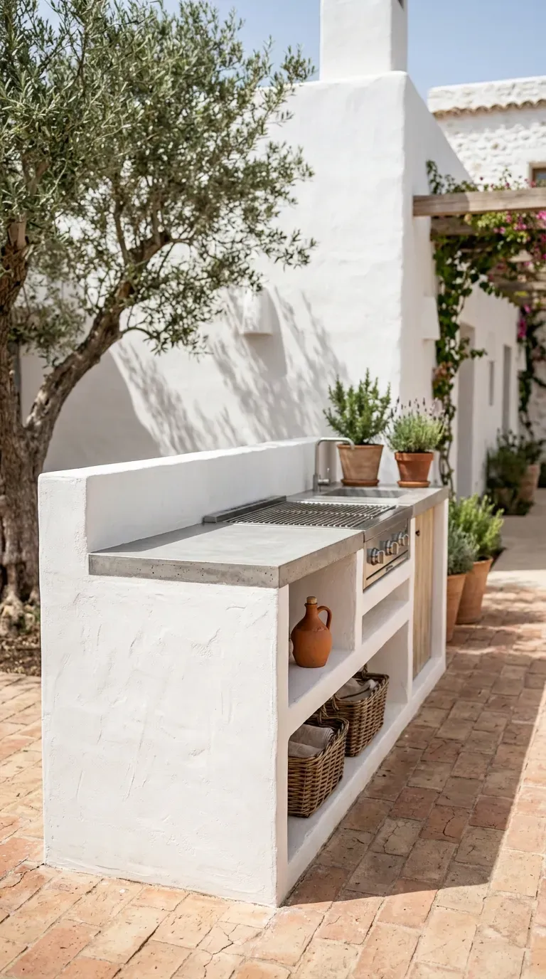 white lime plaster outdoor kitchen island with concrete top and built-in grill