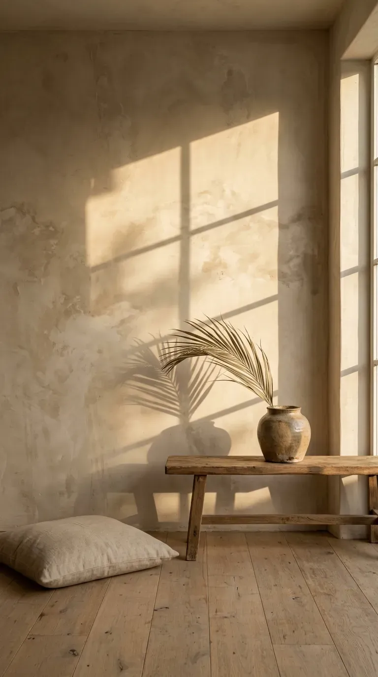 16 Genius Minimalist Living Room Ideas You Need to Try 10 Warm beige limewash painted wall in a serene minimalist living space