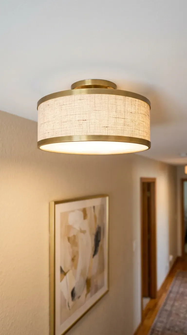 modern textured linen drum flush mount ceiling light fixture in a hallway