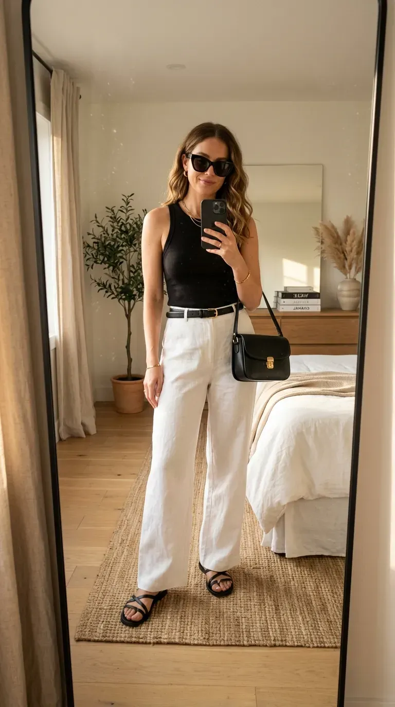 Linen Pants Outfit Ideas: 15 Effortlessly Chic Looks You'll Love to Wear 3 Woman wearing a black ribbed tank with white linen pants for a modern summer outfit.