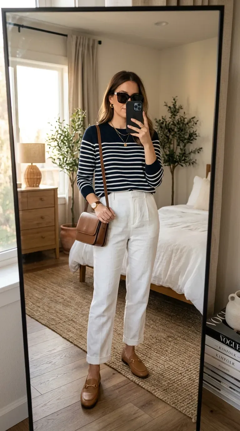Linen Pants Outfit Ideas: 15 Effortlessly Chic Looks You'll Love to Wear 10 Woman wearing a Breton stripe sweater with white linen pants for a classic coastal outfit.
