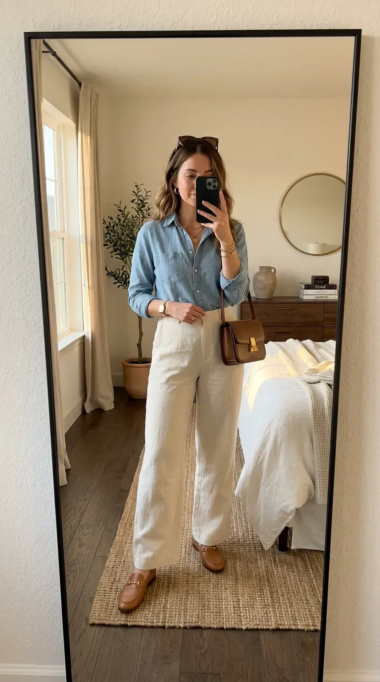 Linen Pants Outfit Ideas: 15 Effortlessly Chic Looks You'll Love to Wear 6 Woman wearing a chambray shirt with cream linen pants for a relaxed chic outfit.