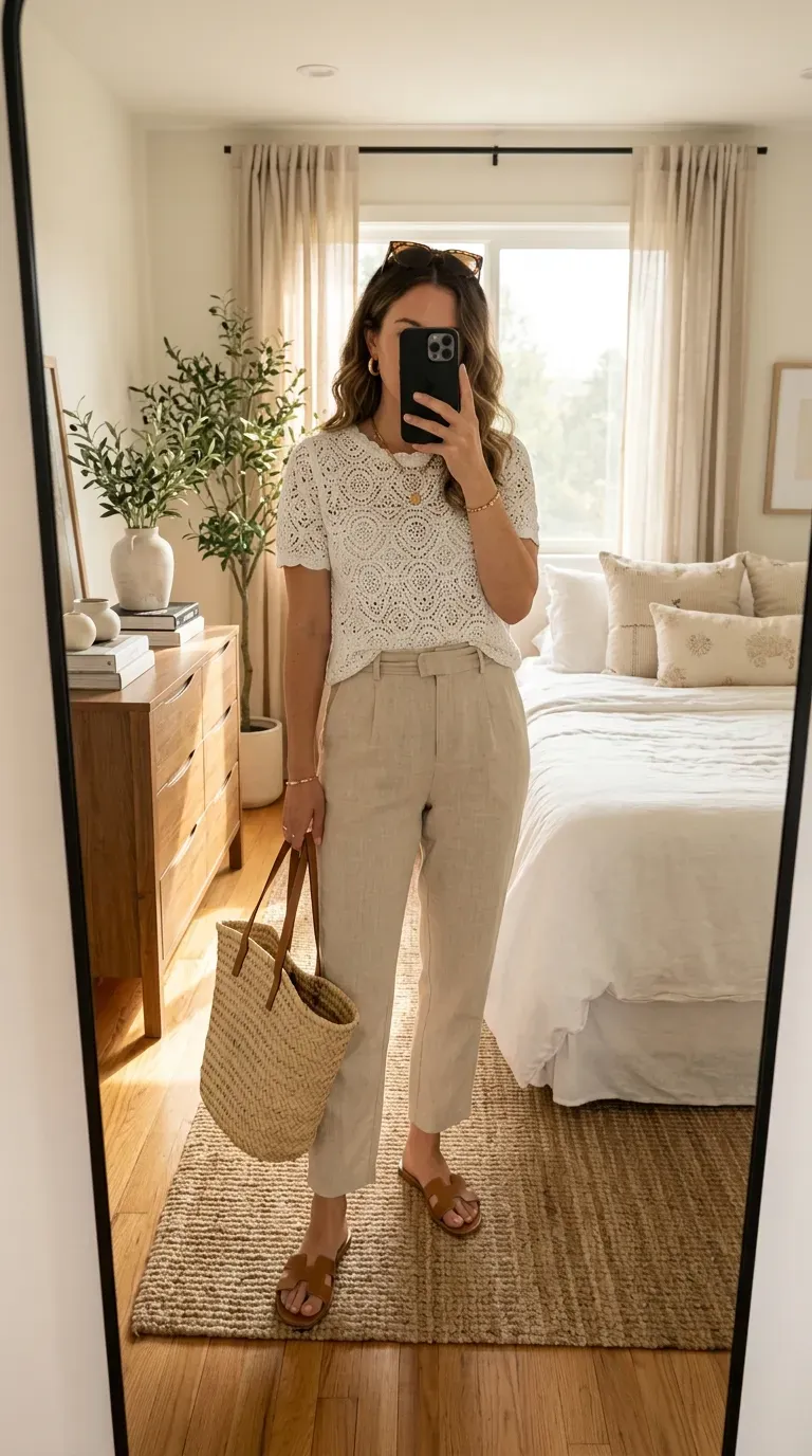 Linen Pants Outfit Ideas: 15 Effortlessly Chic Looks You'll Love to Wear 7 Woman wearing a white crochet top with beige linen pants for a breezy summer outfit.