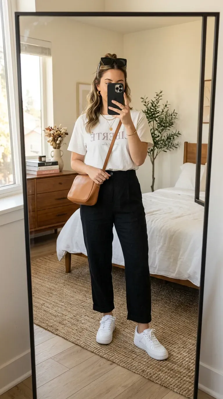 Linen Pants Outfit Ideas: 15 Effortlessly Chic Looks You'll Love to Wear 12 Woman wearing a graphic T-shirt with black linen pants for a relaxed casual outfit.