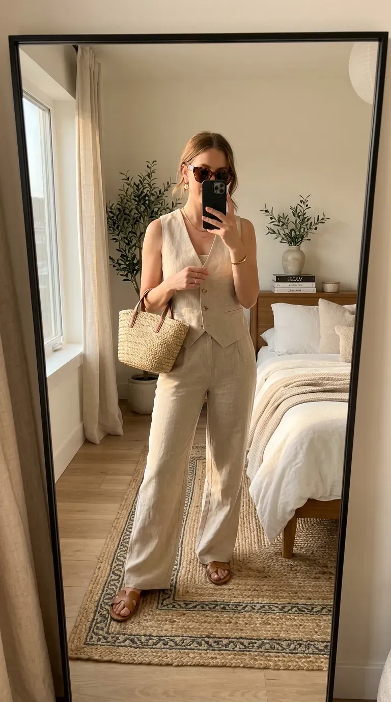 Linen Pants Outfit Ideas: 15 Effortlessly Chic Looks You'll Love to Wear 5 Woman wearing a matching linen vest and linen pants set for a polished summer outfit.