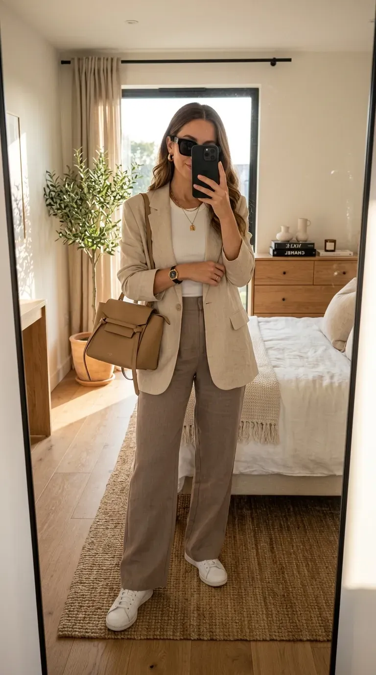 Linen Pants Outfit Ideas: 15 Effortlessly Chic Looks You'll Love to Wear 9 Woman wearing an oversized blazer with linen pants for a polished smart casual outfit.