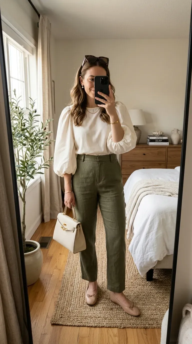Linen Pants Outfit Ideas: 15 Effortlessly Chic Looks You'll Love to Wear 11 Woman wearing a puff sleeve blouse with olive linen pants for a feminine casual outfit.
