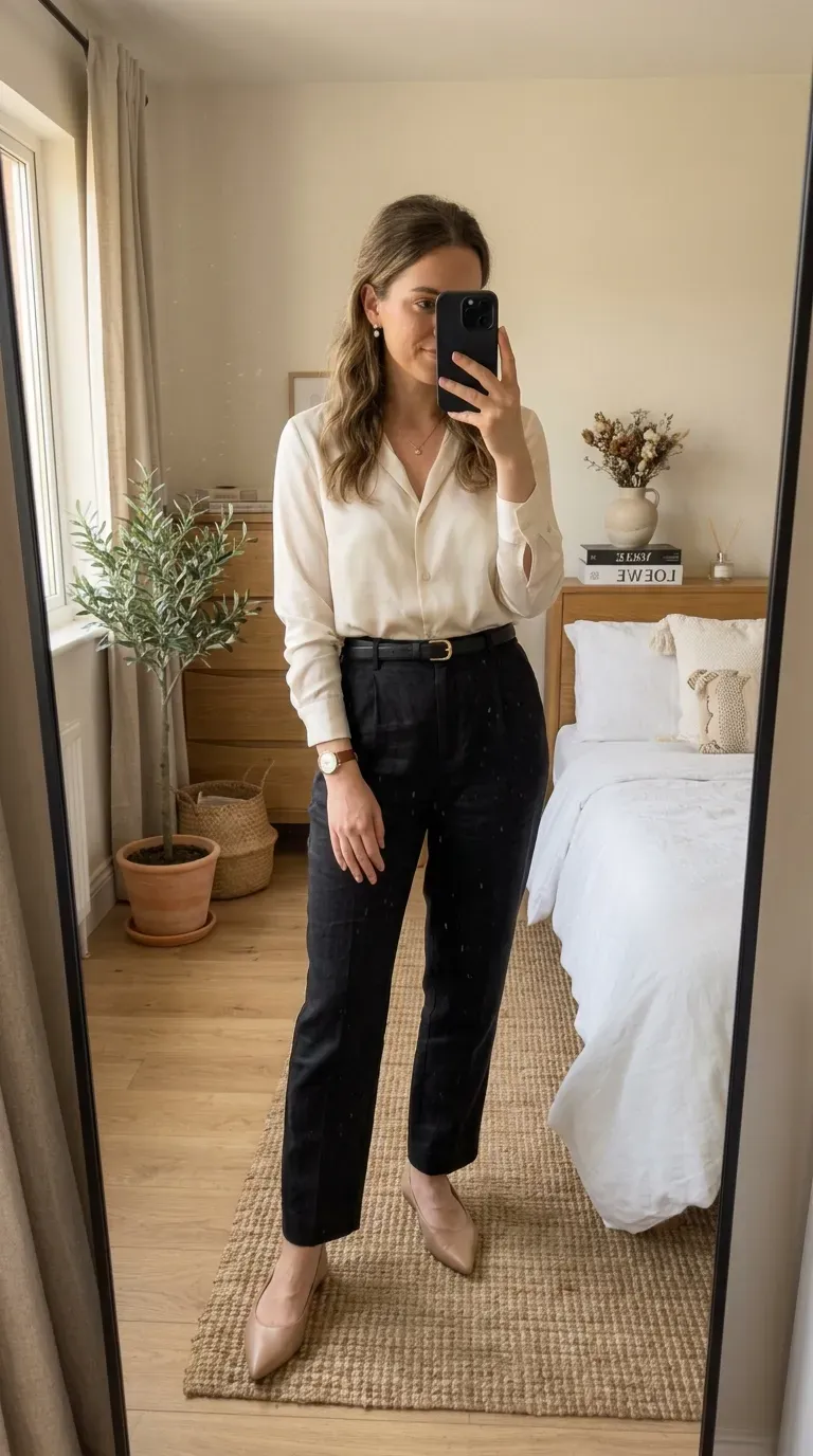 Linen Pants Outfit Ideas: 15 Effortlessly Chic Looks You'll Love to Wear 8 Woman wearing a satin blouse with black linen pants for an elegant smart-casual outfit.