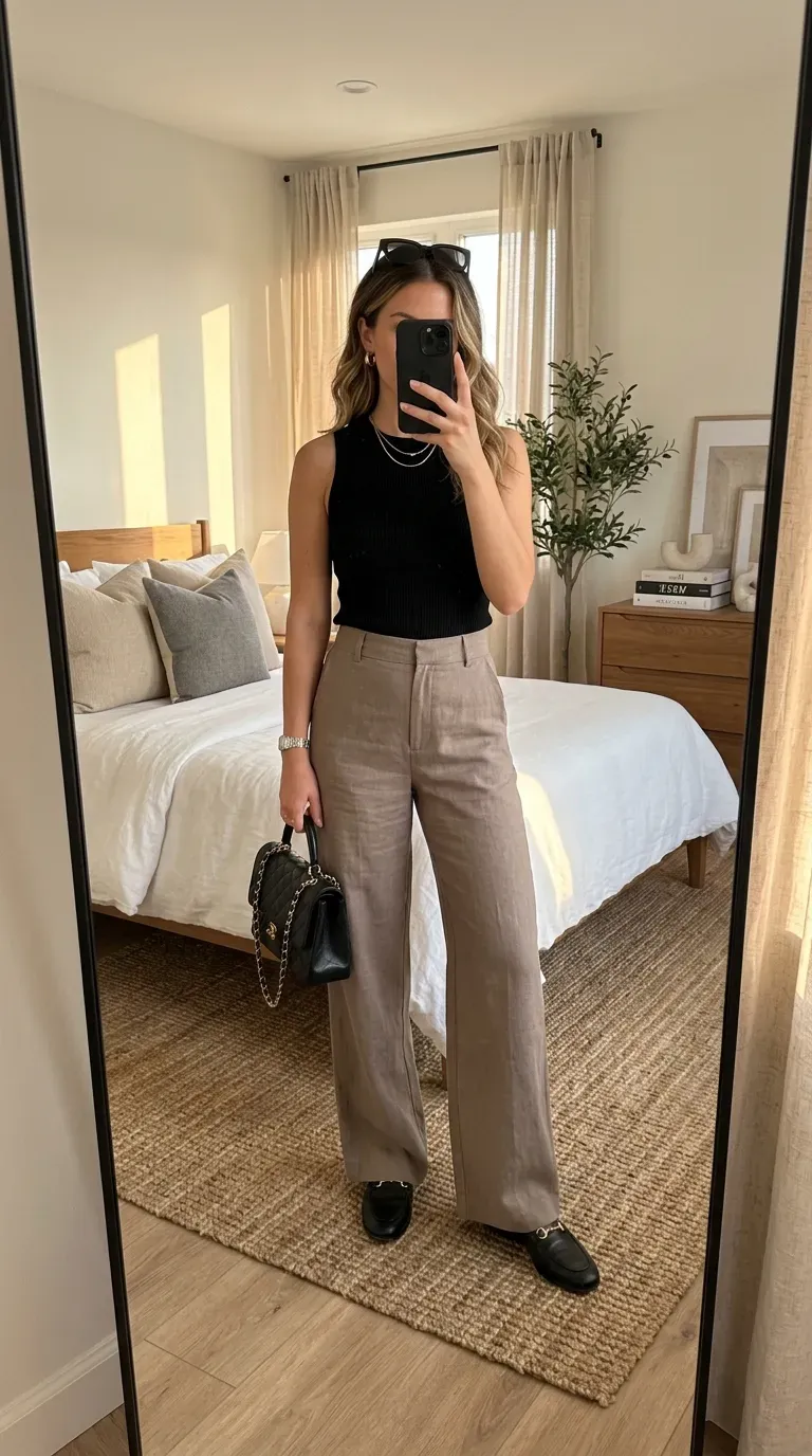 Linen Pants Outfit Ideas: 15 Effortlessly Chic Looks You'll Love to Wear 15 Woman wearing a sleeveless knit top with taupe linen pants for a sophisticated everyday outfit.