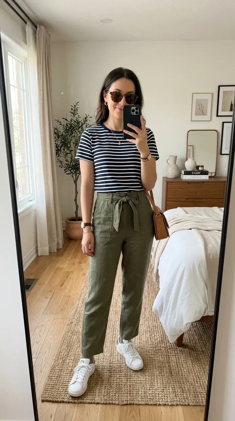 Linen Pants Outfit Ideas: 15 Effortlessly Chic Looks You'll Love to Wear 4 Woman wearing a striped T-shirt with olive linen pants for a casual everyday outfit.