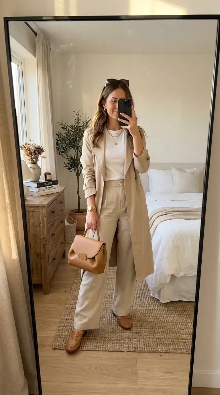 Linen Pants Outfit Ideas: 15 Effortlessly Chic Looks You'll Love to Wear 16 Woman wearing a lightweight trench coat with beige linen pants for a polished transitional outfit.