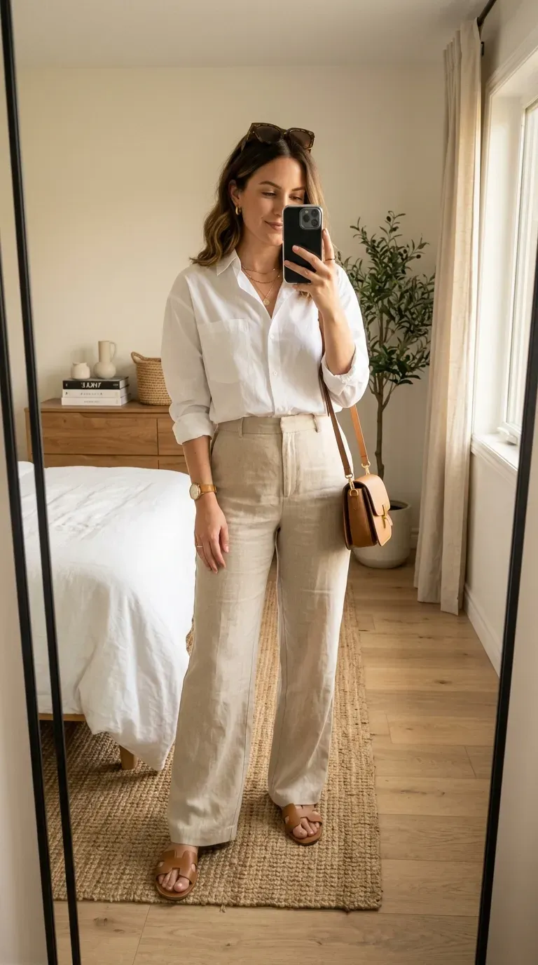 Linen Pants Outfit Ideas: 15 Effortlessly Chic Looks You'll Love to Wear 2 Woman wearing a white button-down shirt with beige linen pants for a chic summer outfit.