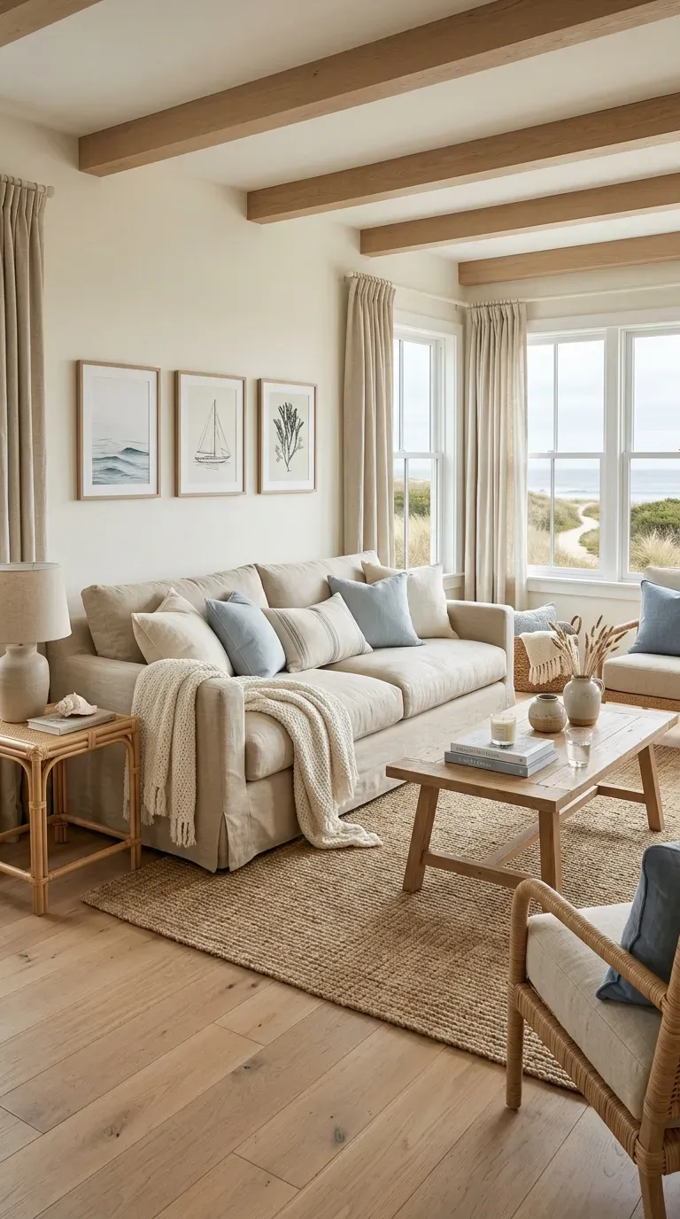 Coastal Cottage Design: 10 Stylish Ideas to Create a Relaxed Seaside Home 4 Coastal cottage living room with linen sofa relaxed cushions and natural woven textiles.