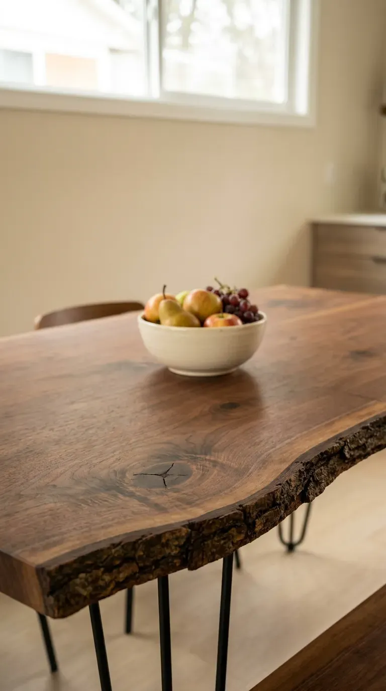 live edge wood dining table with natural bark edge in a bright dining room