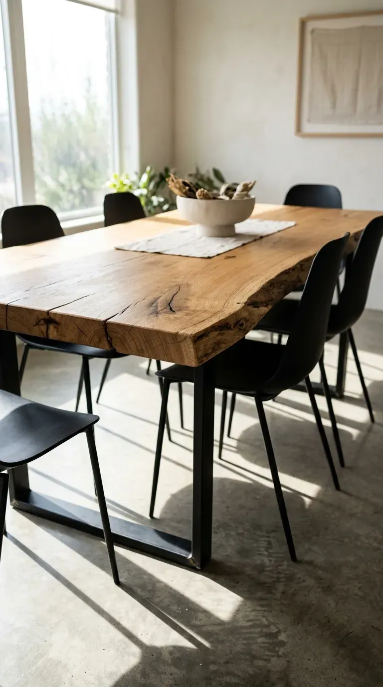 live edge reclaimed wood dining table with industrial black steel sled legs