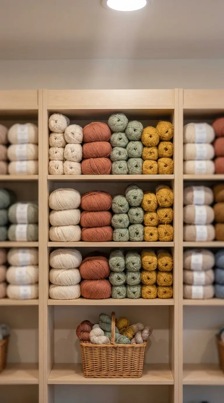 13 Craft Outing Ideas Every Maker Will Love 2 wall of colorful yarn skeins displayed on wooden shelves in a shop