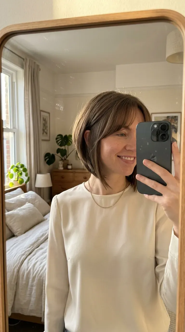 Woman taking an iPhone mirror selfie showing a long angled bob with soft curtain bangs and face-framing layers.
