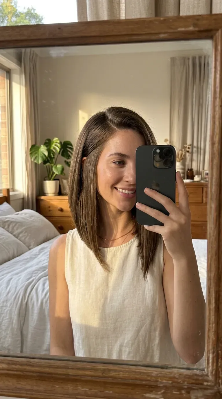 Woman taking an iPhone mirror selfie showing a side-parted long angled bob with voluminous front pieces.