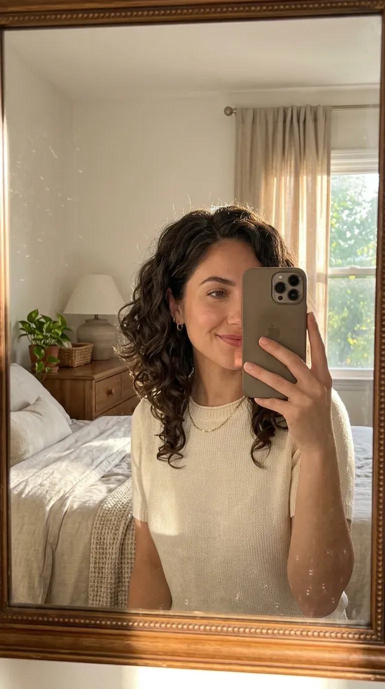 Woman taking an iPhone mirror selfie showing a long angled bob styled with soft voluminous curls.
