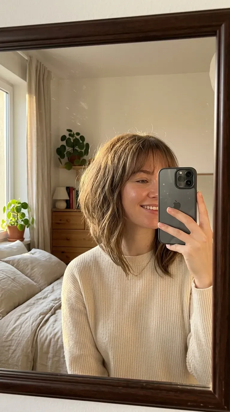 Woman taking an iPhone mirror selfie showing a long angled bob with airy wispy bangs and textured ends.
