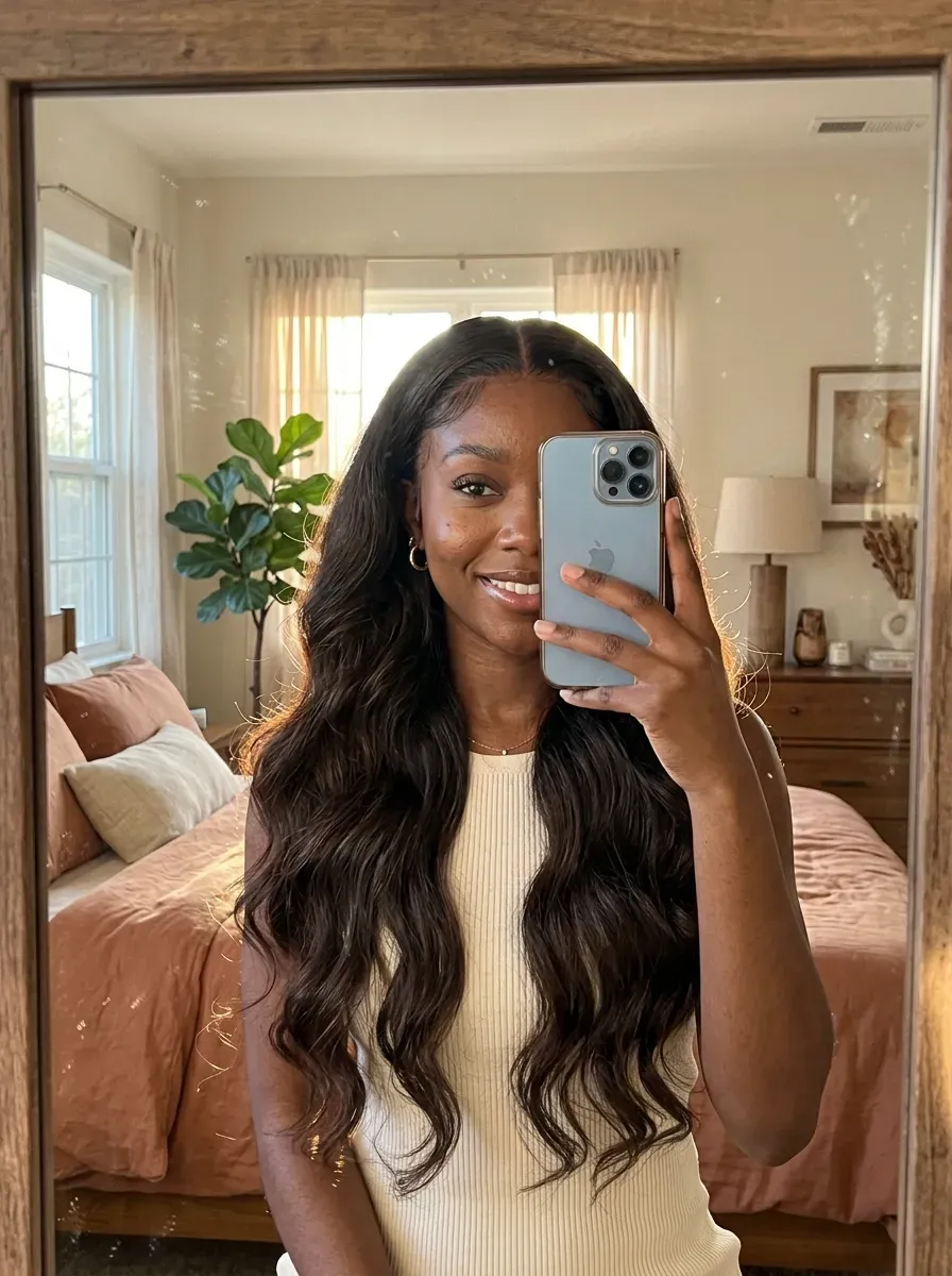 Woman taking an iPhone mirror selfie showing long body wave lace frontal with soft glamorous waves.