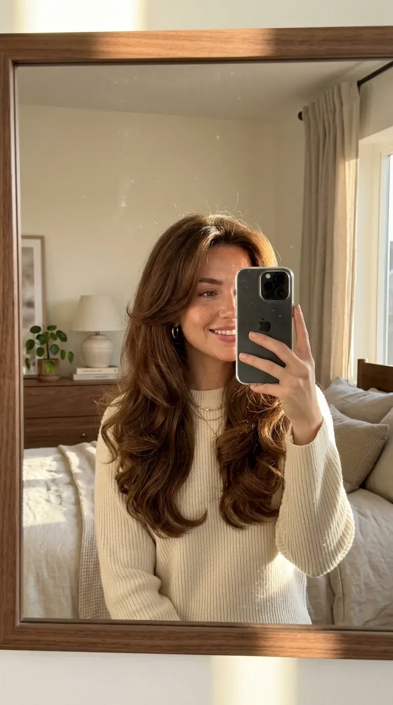 Woman taking an iPhone mirror selfie showing her long bouncy blowout with voluminous flowing layers.