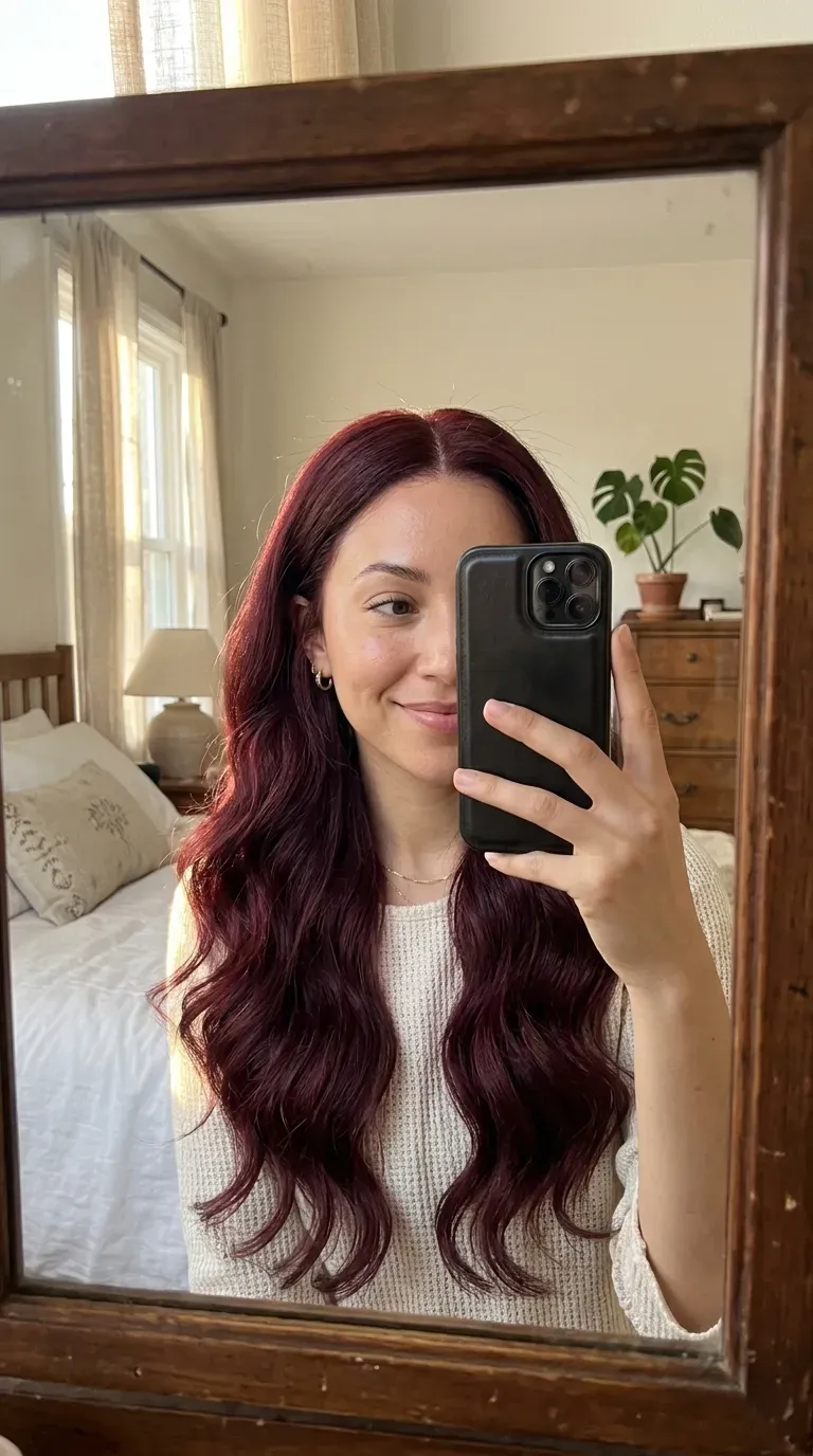 Woman taking an iPhone mirror selfie showing long burgundy body wave weave with glamorous soft waves.