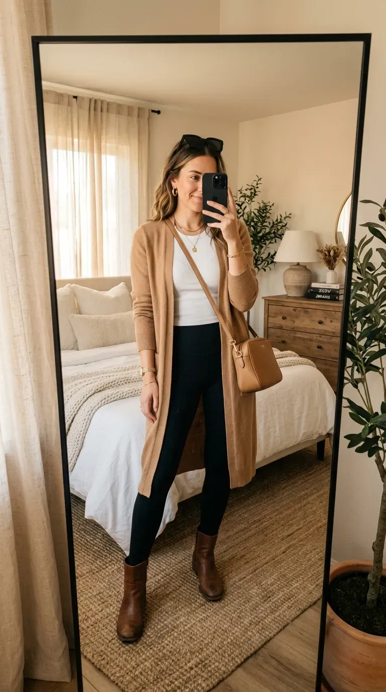 Woman wearing a long cardigan with black leggings for a relaxed layered everyday outfit.