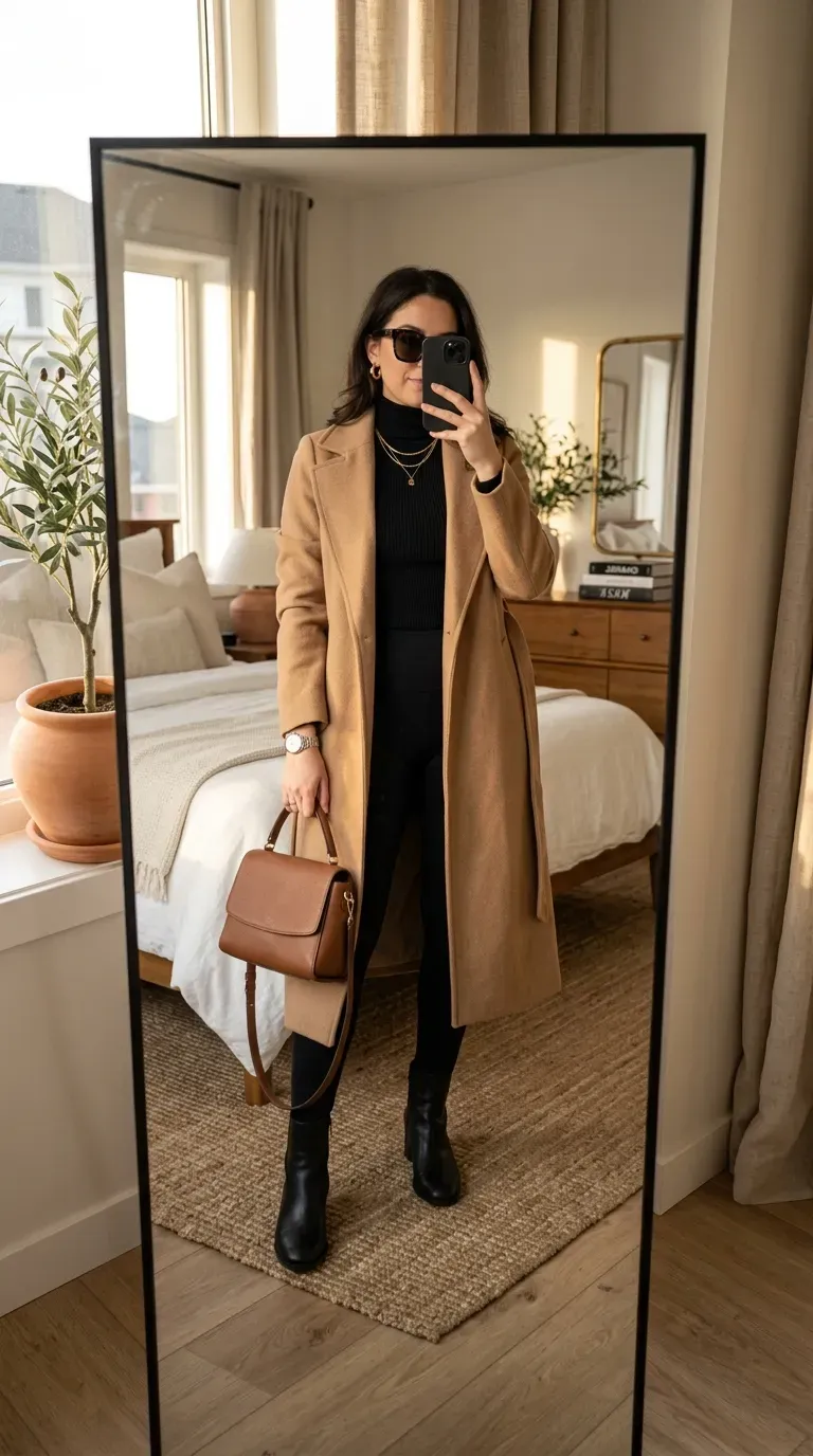 Woman wearing a long coat with black leggings and ankle boots for an elegant outfit.