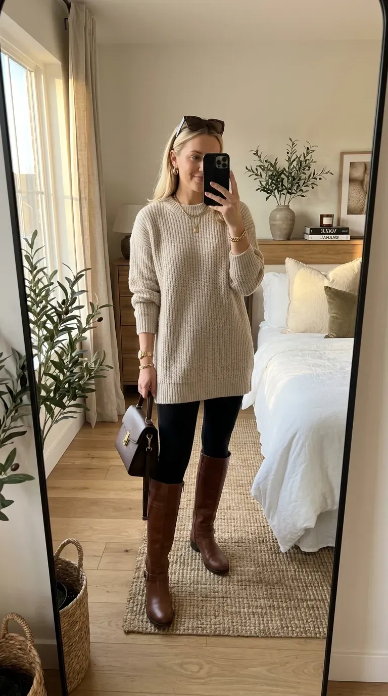 Woman wearing a long knit sweater with leggings and knee-high boots for a chic fall outfit.