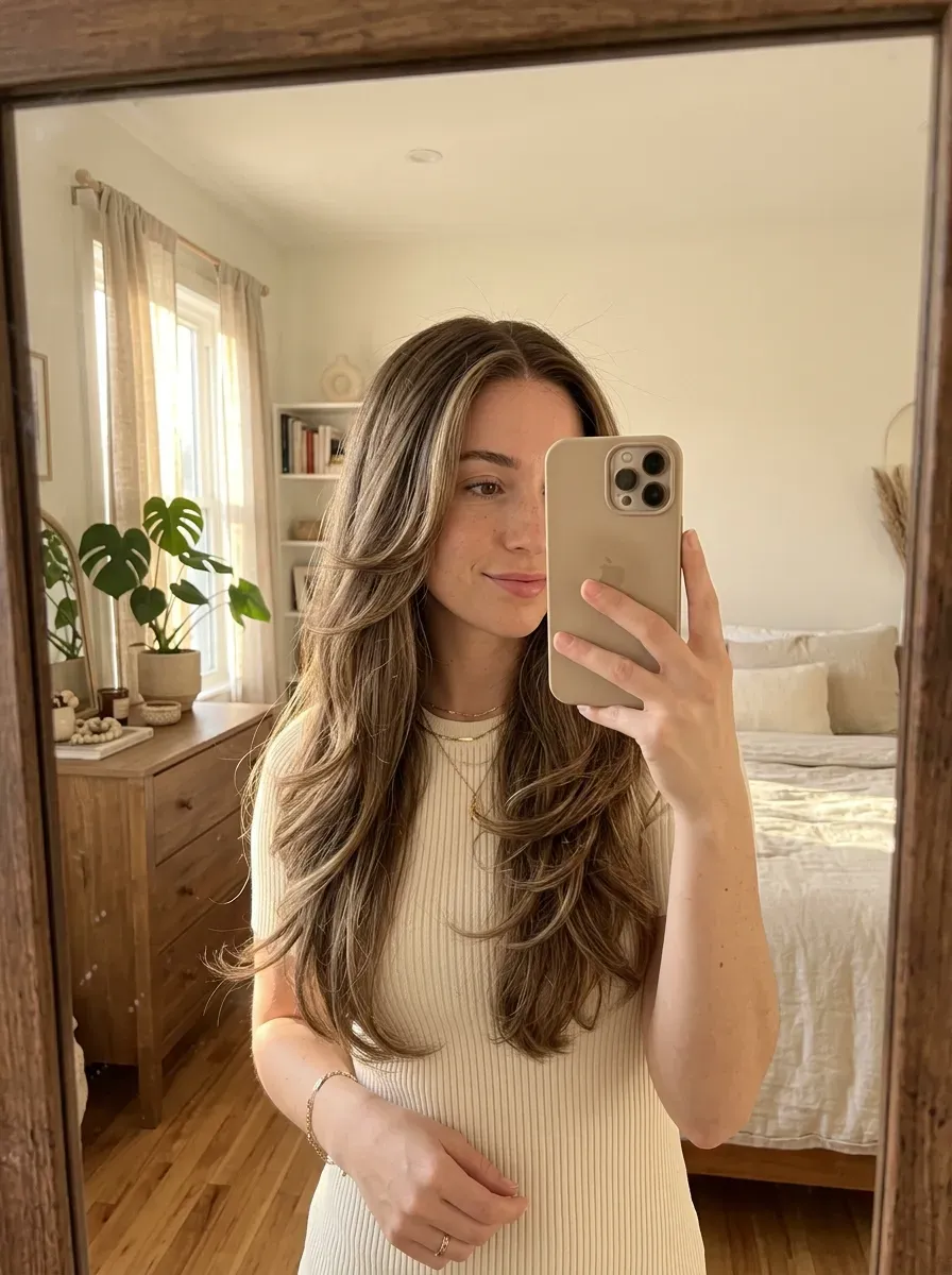 Woman taking an iPhone mirror selfie showing long layered lace frontal with soft face-framing waves.