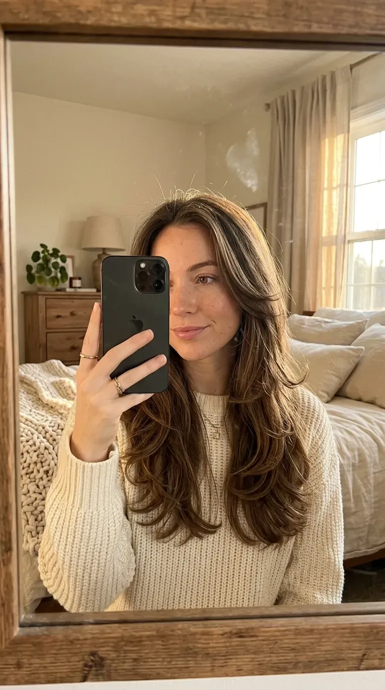 11 Winter Hairstyles for Women That Look Cozy, Chic, and Stylish 12 Woman taking an iPhone mirror selfie showing long layered hair with soft waves and winter volume.