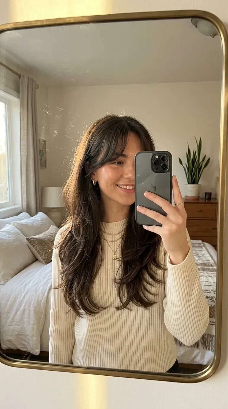 Woman taking an iPhone mirror selfie showing long layered hair with soft curtain bangs and face framing.